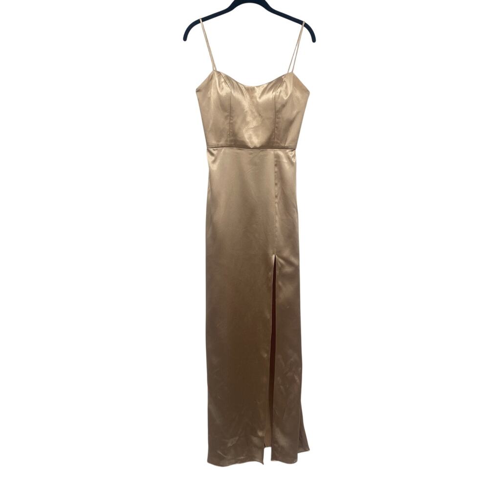 Jenny Yoo Chase Satin Formal Gown Fitted Leg Slit Champagne Gold Metallic 2 - Picture 2 of 14